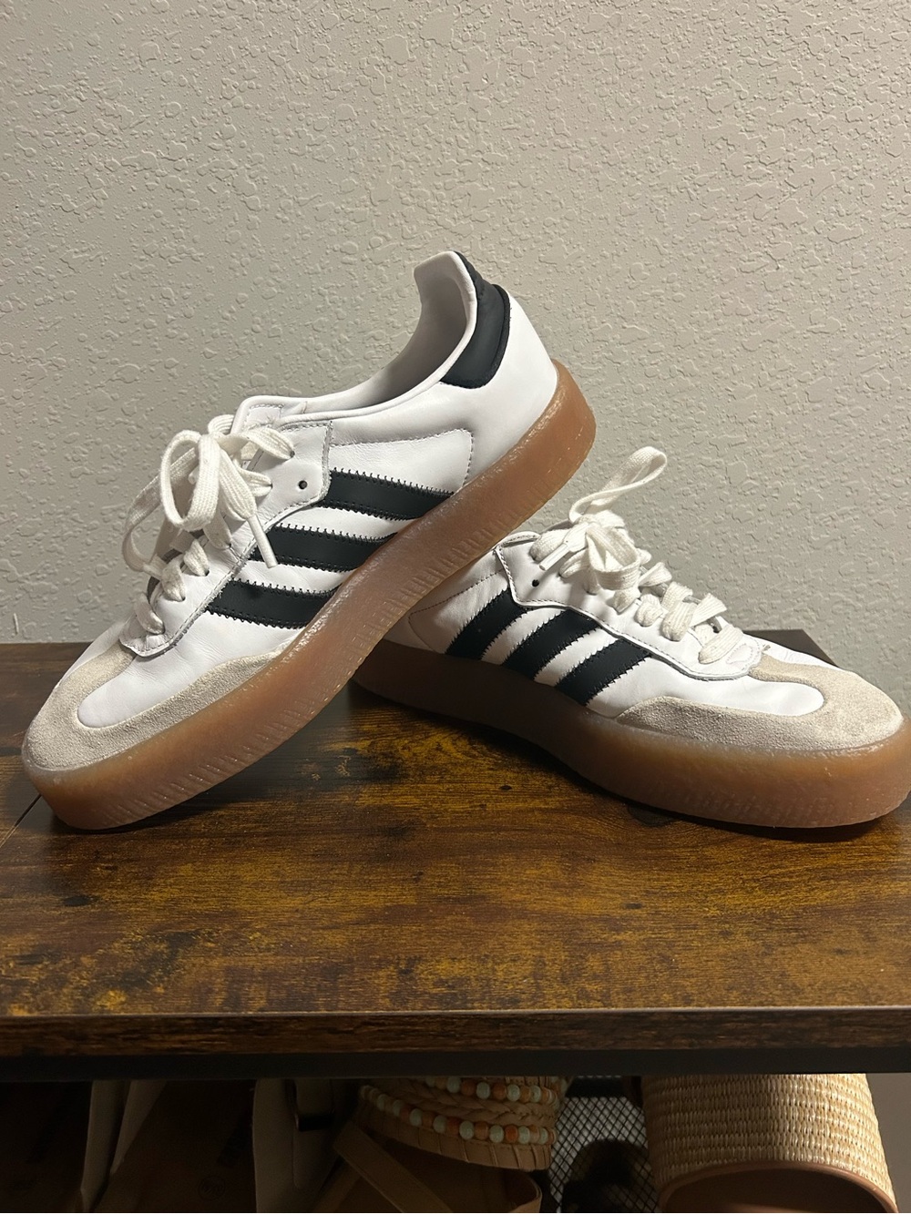 Women’s Adidas Samba White Sneakers with Black Stripes and Gum Sole